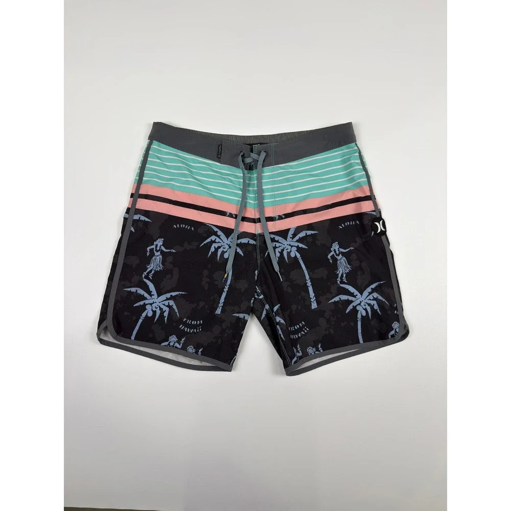 Hurley Phantom Board Shorts Mens 32 Black Teal Excellent Aloha Hula Palm Tree